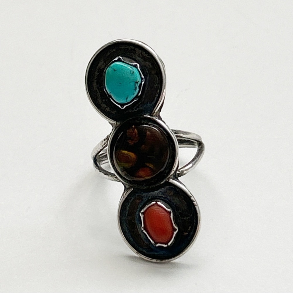 Stunning Vintage Southwestern Turquoise Fire Agate Coral Sterling Silver Ring - Picture 4 of 11